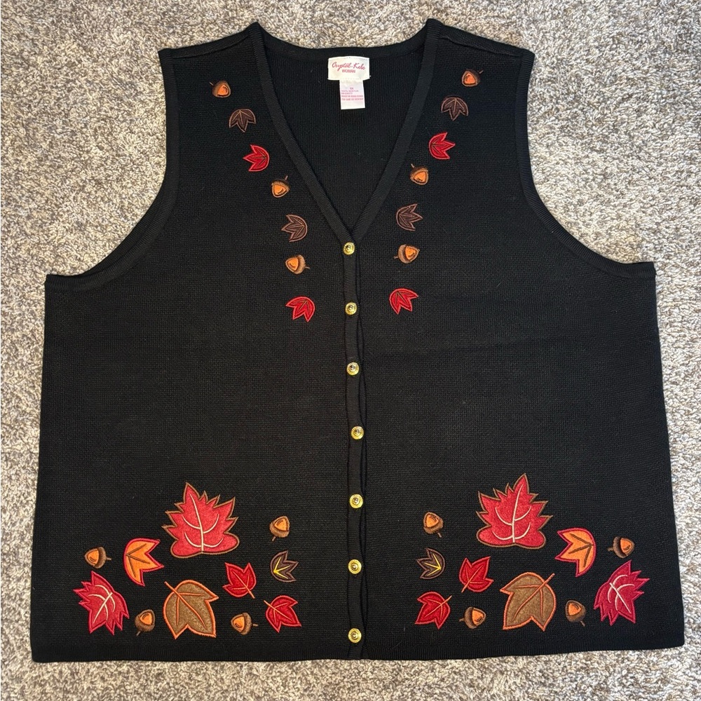 Vintage Granny Black Vest with Autumn Leaf Embroidery